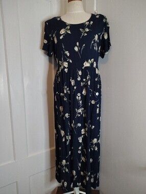 Vintage 1980s Promises Petite Navy Floral Print Short Sleeve Dress Womens Small
